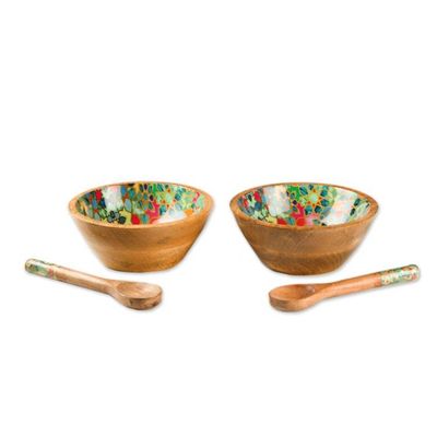 Alternate image for 4 Piece Floral Mosaic Wood Salad Bowl Set with Spoons Galaxy of Blossoms