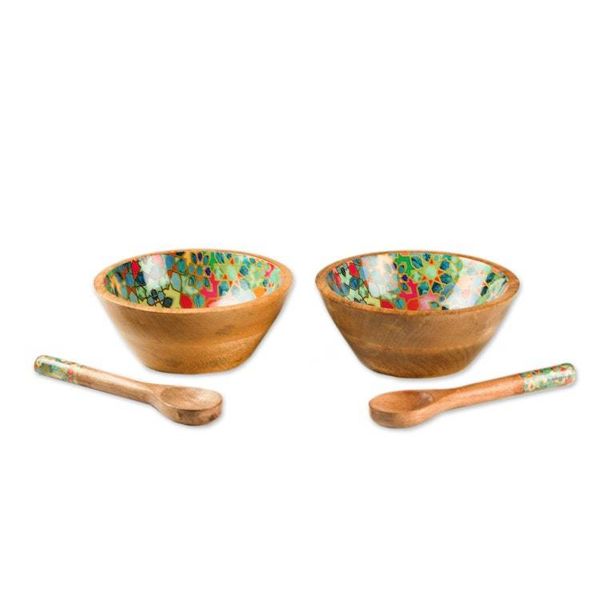 Alternate image for 4 Piece Floral Mosaic Wood Salad Bowl Set with Spoons Galaxy of Blossoms
