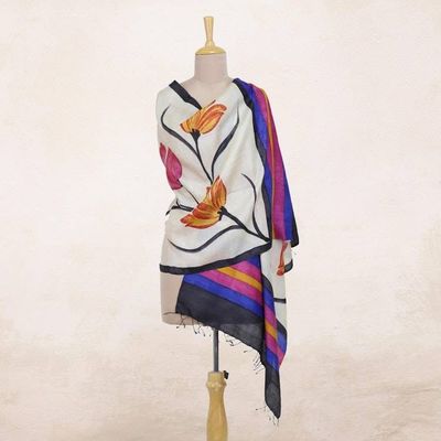 Primary image for Hand Woven Multicolored Floral Silk Shawl from India Amber Lilies