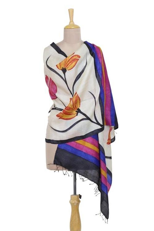 Alternate image for Hand Woven Multicolored Floral Silk Shawl from India Amber Lilies