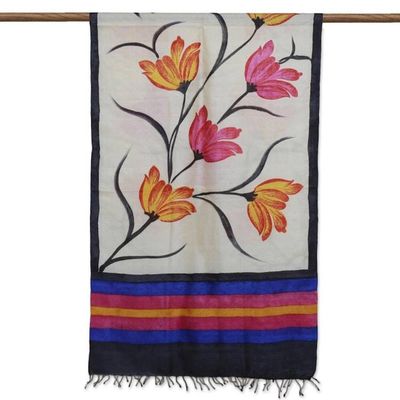 Alternate image for Hand Woven Multicolored Floral Silk Shawl from India Amber Lilies