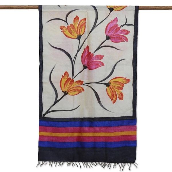 Alternate image for Hand Woven Multicolored Floral Silk Shawl from India Amber Lilies