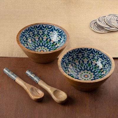 Alternate image for Floral Tile-Themed Wood Salad Bowl Serving Spoon 4-Piece Set Tide of Mosaics