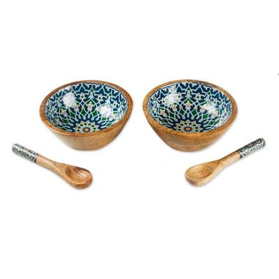 Alternate image for Floral Tile-Themed Wood Salad Bowl Serving Spoon 4-Piece Set Tide of Mosaics