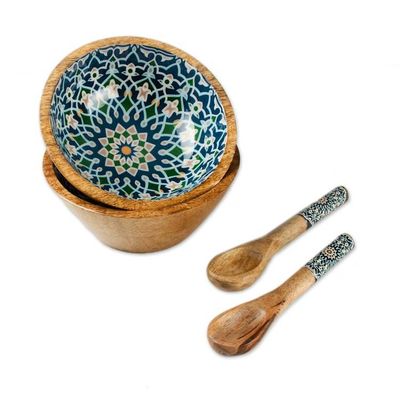 Alternate image for Floral Tile-Themed Wood Salad Bowl Serving Spoon 4-Piece Set Tide of Mosaics