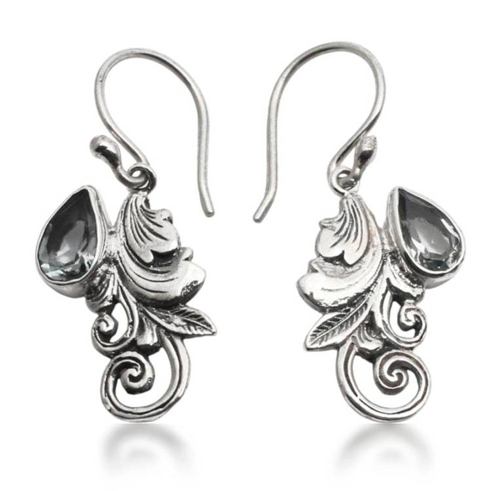 Leaf-Themed 2-Carat Blue Topaz Silver Dangle Earrings 'Garden of Devotion'