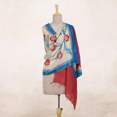 Primary image for Hand Woven Floral Indian Silk Shawl in Peacock and Apple Apple Blooms