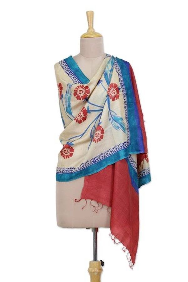 Alternate image for Hand Woven Floral Indian Silk Shawl in Peacock and Apple Apple Blooms
