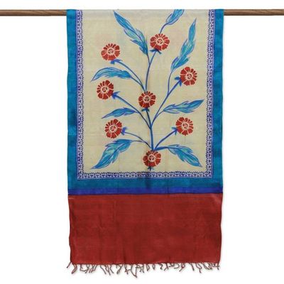 Alternate image for Hand Woven Floral Indian Silk Shawl in Peacock and Apple Apple Blooms