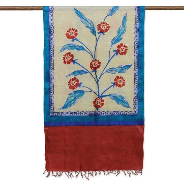 Alternate image for Hand Woven Floral Indian Silk Shawl in Peacock and Apple Apple Blooms