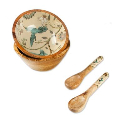 Alternate image for Nature-Themed Mango Wood Salad Bowl Spoon 4-Piece Set Refined Mother Nature