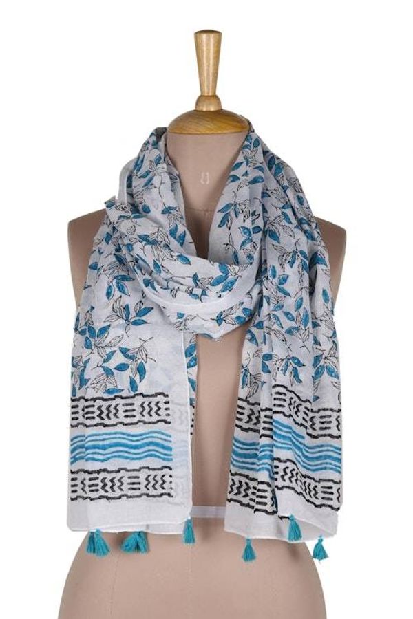 Alternate image for Block-Printed Leaf-Motif Cotton Shawl Azure Leaves