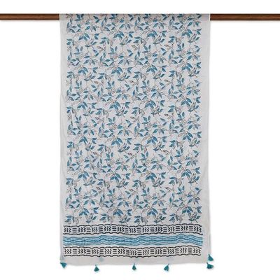 Alternate image for Block-Printed Leaf-Motif Cotton Shawl Azure Leaves