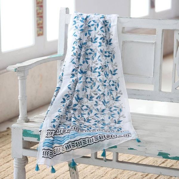 Alternate image for Block-Printed Leaf-Motif Cotton Shawl Azure Leaves