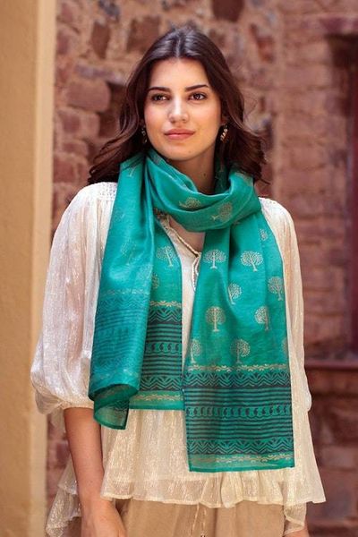 Alternate image for Block-Printed Cotton and Silk Shawl Kingdom Come