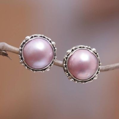 Primary image for Balinese Sterling Silver Button Earrings with Pink Pearls Pink Pearl Trophy
