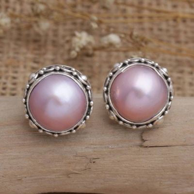 Alternate image for Balinese Sterling Silver Button Earrings with Pink Pearls Pink Pearl Trophy