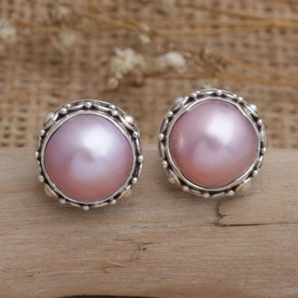 Alternate image for Balinese Sterling Silver Button Earrings with Pink Pearls Pink Pearl Trophy