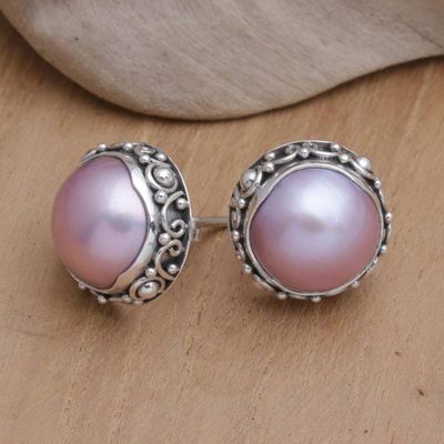 Alternate image for Balinese Sterling Silver Button Earrings with Pink Pearls Pink Pearl Trophy