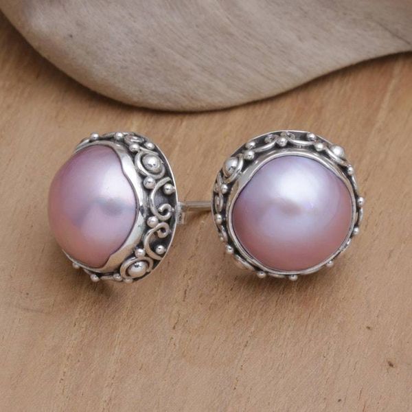 Alternate image for Balinese Sterling Silver Button Earrings with Pink Pearls Pink Pearl Trophy