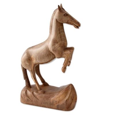 Alternate image for Artisan Crafted Walnut Wood Sculpture of Rearing Horse Rearing Horse