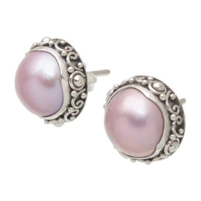 Alternate image for Balinese Sterling Silver Button Earrings with Pink Pearls Pink Pearl Trophy