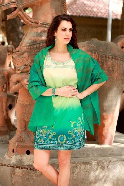 Primary image for India Paisley Cotton Silk Shawl Block Print Wrap Story in Turquoise