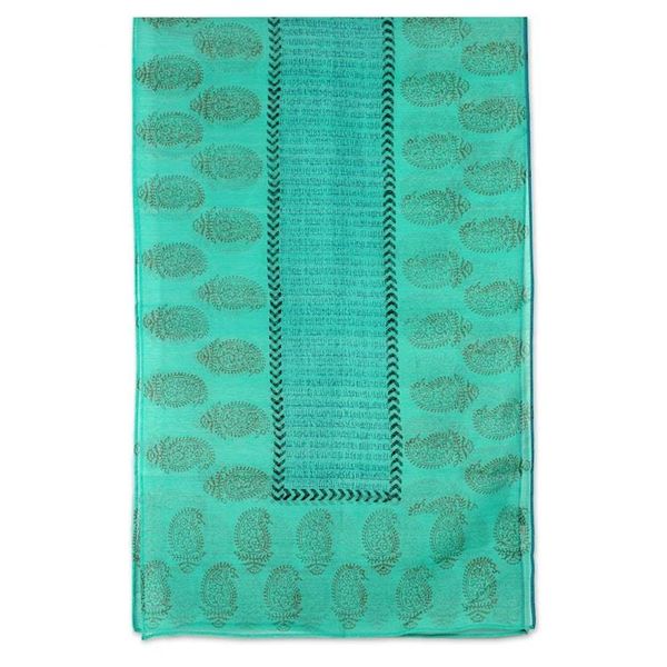 Alternate image for India Paisley Cotton Silk Shawl Block Print Wrap Story in Turquoise