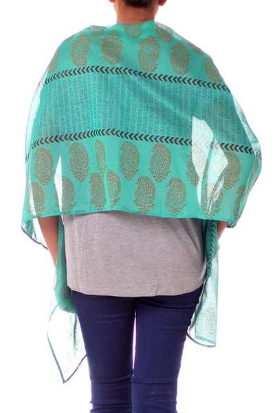 Alternate image for India Paisley Cotton Silk Shawl Block Print Wrap Story in Turquoise