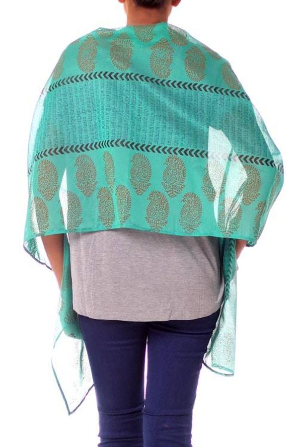 Alternate image for India Paisley Cotton Silk Shawl Block Print Wrap Story in Turquoise