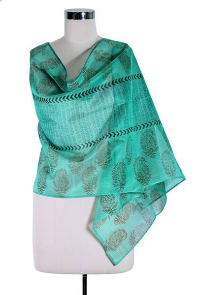 Alternate image for India Paisley Cotton Silk Shawl Block Print Wrap Story in Turquoise