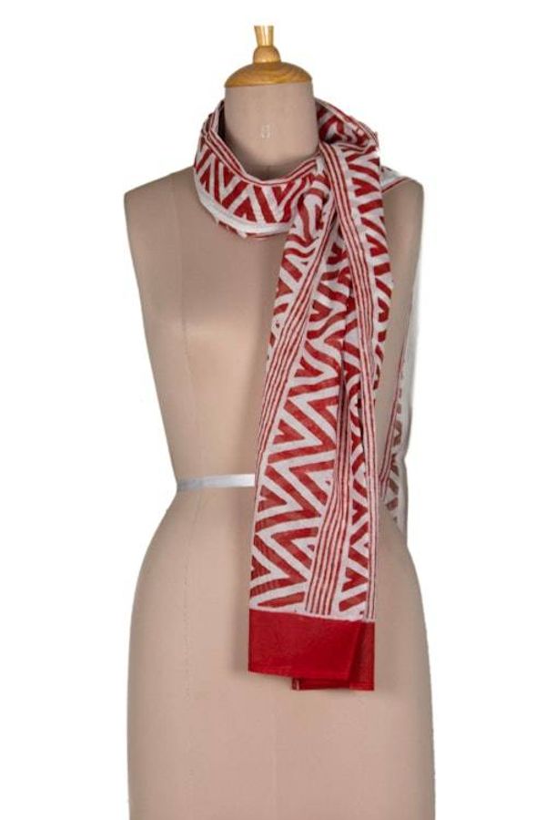 Alternate image for Chevron-Patterned Crimson Red and White 100 Cotton Scarf Crimson Rhythm