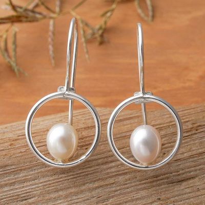Alternate image for Silver Drop Earrings with Cultured Pearl-Adorned Circles Classic Luminosity