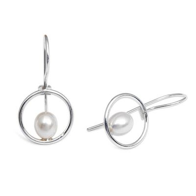Alternate image for Silver Drop Earrings with Cultured Pearl-Adorned Circles Classic Luminosity