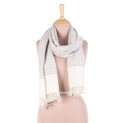 Primary image for Hand Woven Ivory Wool Blend Striped Scarf from India Himalayan Stripes