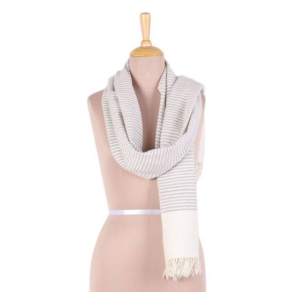 Alternate image for Hand Woven Ivory Wool Blend Striped Scarf from India Himalayan Stripes