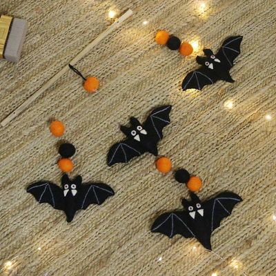 Primary image for Handmade Bat-Themed Orange and Black Wool Felt Wall Hanging Haunted Bats