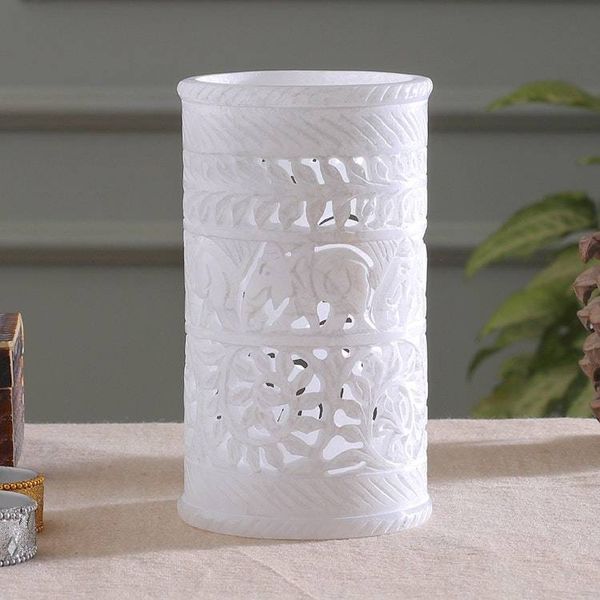 Alternate image for Jali Openwork Elephant Leaf-Themed Alabaster Decorative Vase Elephant March