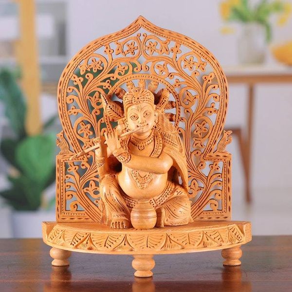 Alternate image for Hindu God Krishna-Themed Wood Sculpture with Jali Openwork Spiritual Krishna