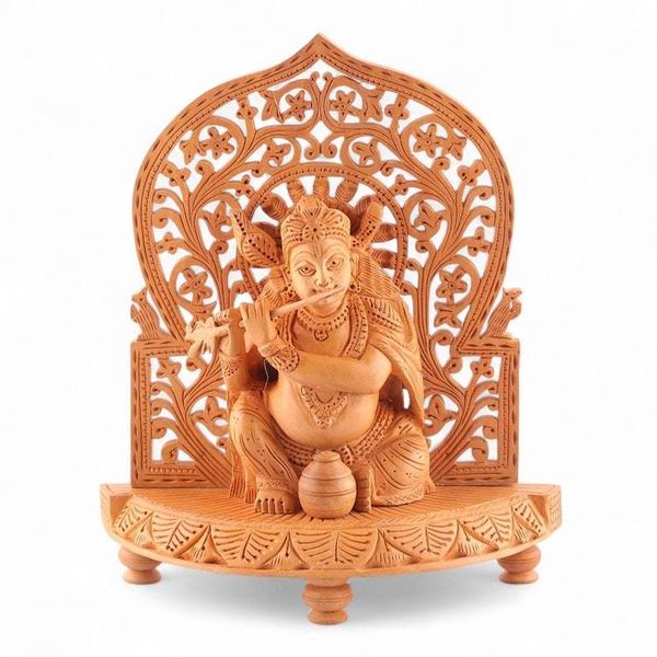 Alternate image for Hindu God Krishna-Themed Wood Sculpture with Jali Openwork Spiritual Krishna