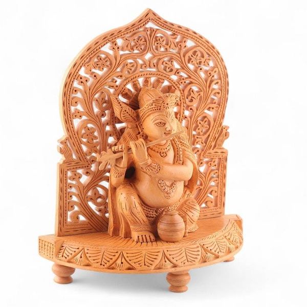 Alternate image for Hindu God Krishna-Themed Wood Sculpture with Jali Openwork Spiritual Krishna