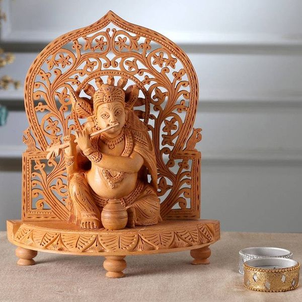 Alternate image for Hindu God Krishna-Themed Wood Sculpture with Jali Openwork Spiritual Krishna
