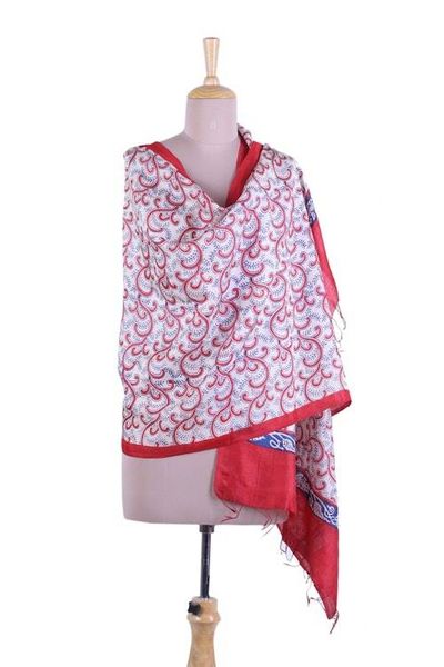 Primary image for Blue and Red Print Shawl in Pure Bengal Silk Wild Ivy