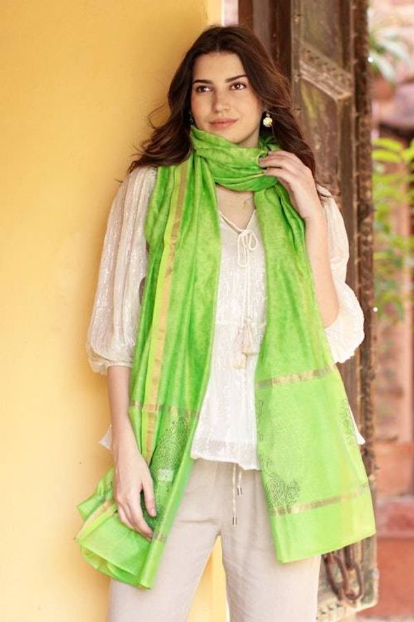 Alternate image for Handwoven Cotton and Silk Blend Scarf in Kiwi from India Kiwi Garden