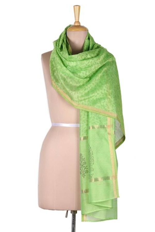 Alternate image for Handwoven Cotton and Silk Blend Scarf in Kiwi from India Kiwi Garden