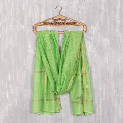 Alternate image for Handwoven Cotton and Silk Blend Scarf in Kiwi from India Kiwi Garden