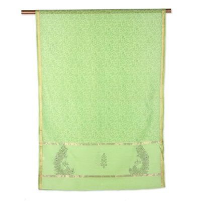 Alternate image for Handwoven Cotton and Silk Blend Scarf in Kiwi from India Kiwi Garden