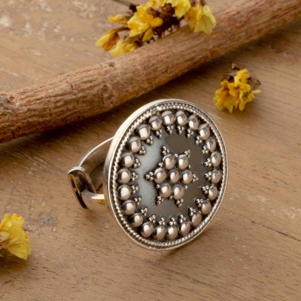 Polished and Oxidized Star-Themed Cocktail Ring from India 'Star of Ancestors'