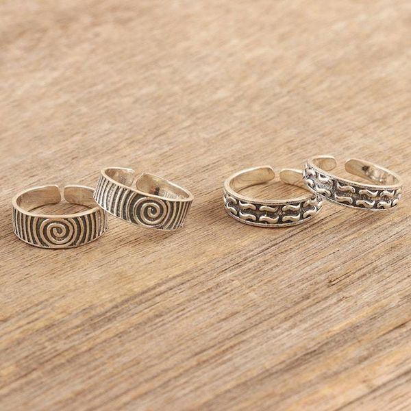 Alternate image for Sterling Silver Toe Rings in a Combination Finish 2 Pairs Spirals and Lines