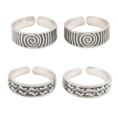 Alternate image for Sterling Silver Toe Rings in a Combination Finish 2 Pairs Spirals and Lines